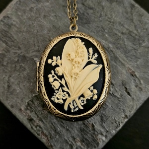 Lily flower cameo locket, black cameo necklace, lily of the valley, large locket, long necklace, cameo jewelry, gift ideas for mom