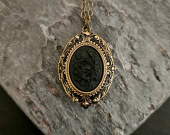 Black rose cameo locket, flower cameo, gothic locket, cameo jewelry, mourning locket, gift ideas for mom, unique Christmas gift, mothers day