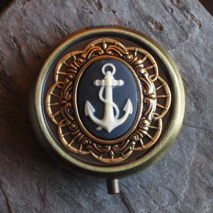 Anchor pill box, bronze cameo pill box, nautical cameo pill box, nautical gifts, gift for travelers, unique gifts, holiday gift ideas