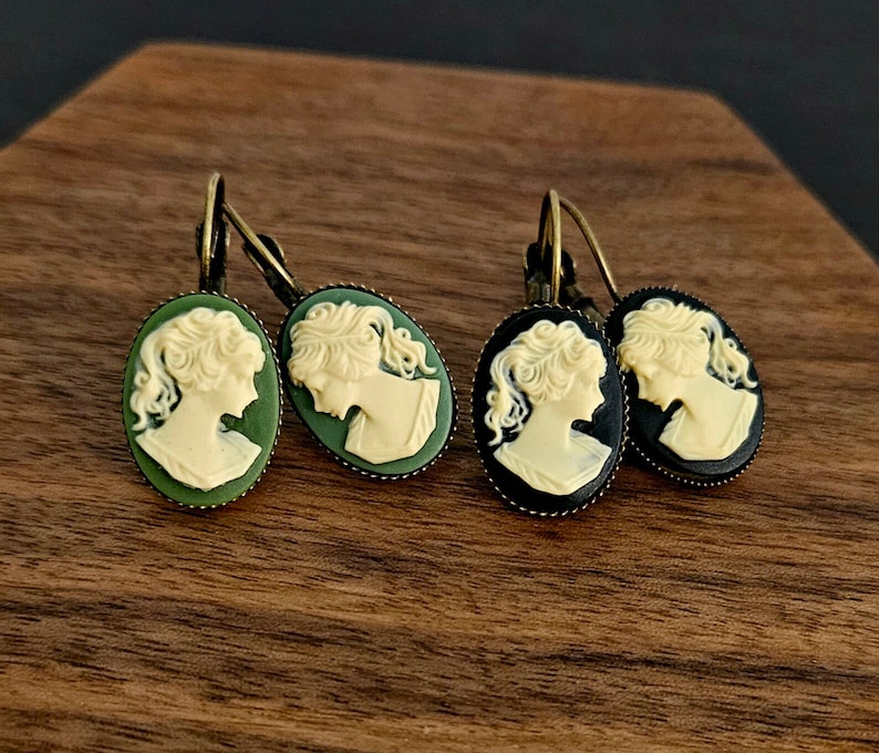 Cameo earrings, black cameo earrings, green cameo earrings, Irish cameo earrings, leverback earrings, cameo jewelry, gift ideas for mom image 1