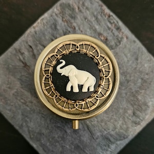 Elephant Cameo Pill Box, Antiqued Brass Filigree Container
