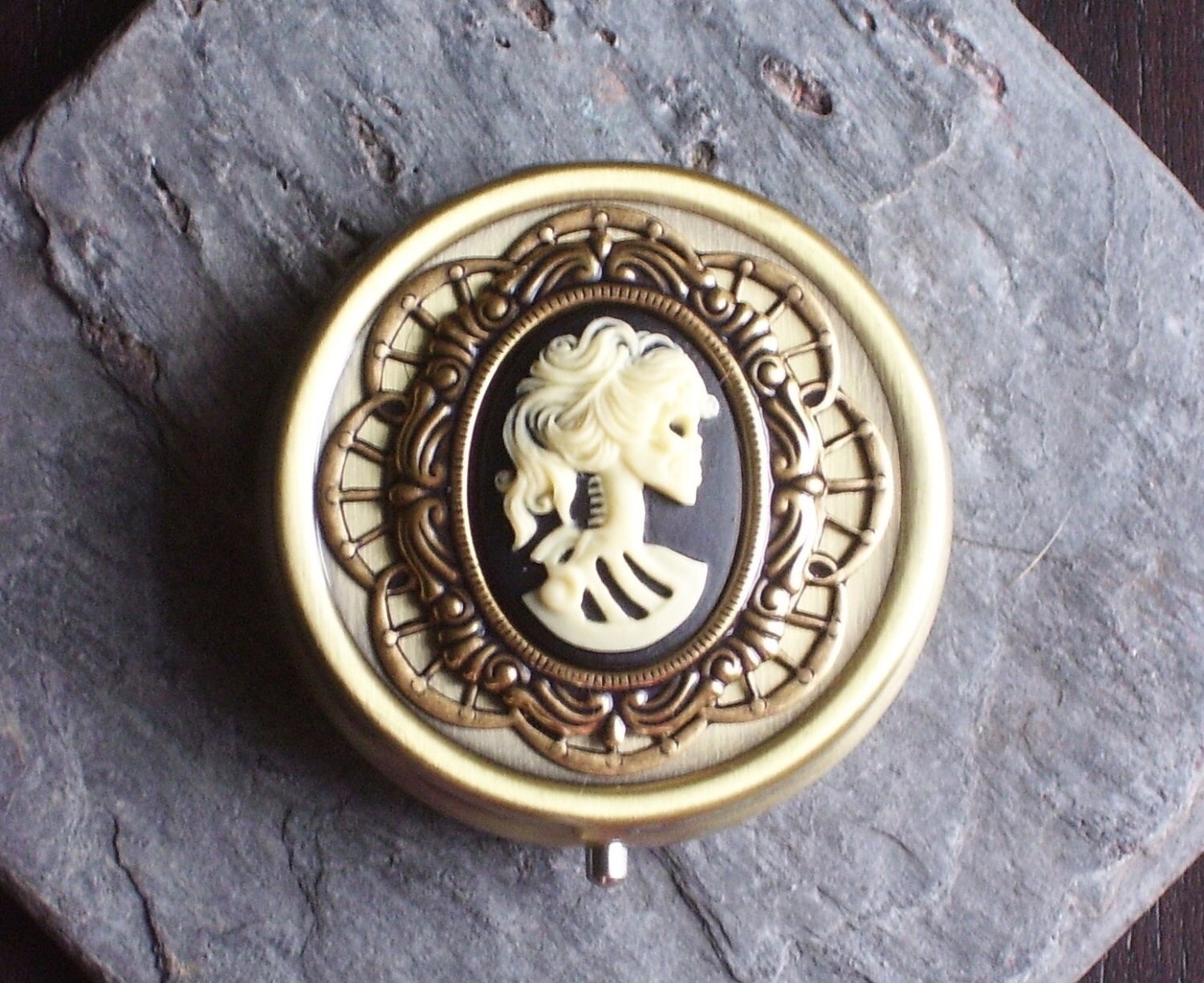 Skeleton Cameo Pill Box Antique Brass Pill Box Halloween Etsy