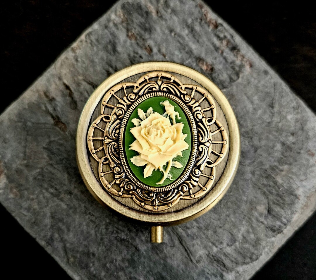 Irish Rose Cameo Pill Box, Bronze Pill Box, Green Rose Antique Brass