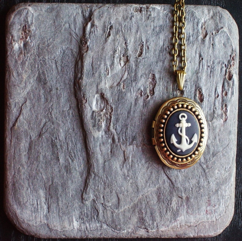 Anchor Cameo Locket Navy Blue Necklace Antique Brass Locket Etsy
