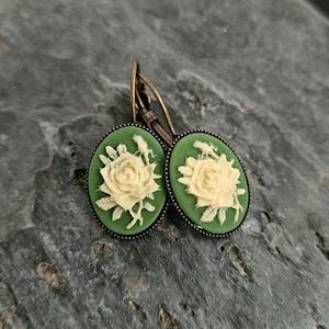 Irish rose earrings, green cameo earrings, flower earrings, cameo jewelry, stocking stuffer gift ideas, gift ideas for her