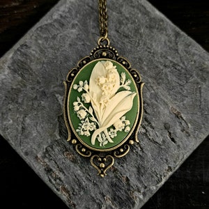 Green lily cameo necklace, green cameo necklace, lily of the valley necklace, long cameo necklace, cameo jewelry, irish cameo necklace