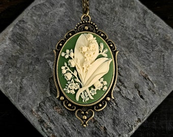 Lily of the Valley Cameo Necklace: Green & Cream, Antiqued Brass