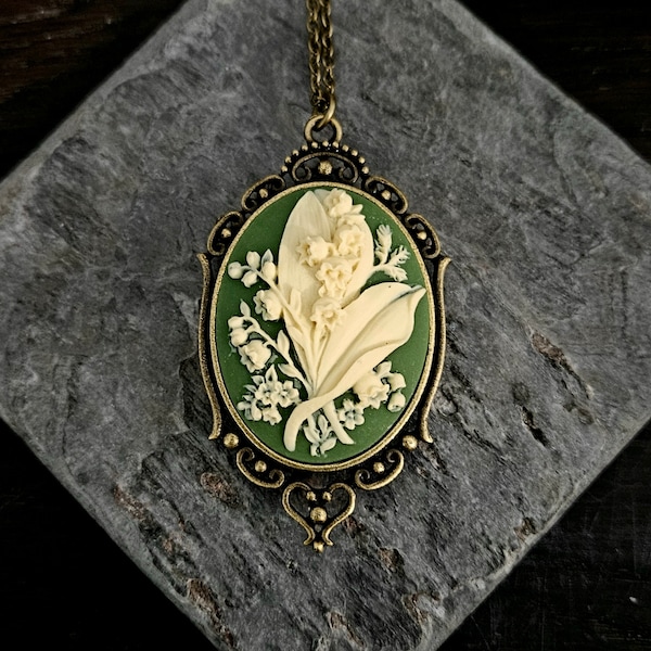 Green lily cameo necklace, green cameo necklace, lily of the valley necklace, long cameo necklace, cameo jewelry, irish cameo necklace