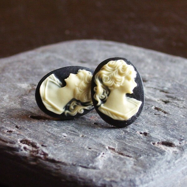 Cameo stud earrings, black cameo post earrings, Jane Austen, cameo jewelry, holiday gift ideas, gift ideas for her, unique Christmas gift