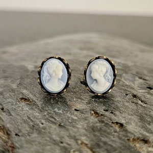 Cameo Stud Earrings, Tiny Cameo Posts, Blue Cameo Studs, Cameo