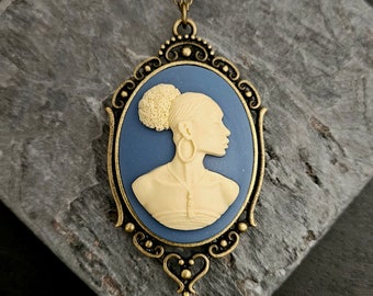 African Woman Cameo Necklace, Blue & Cream, Antiqued Brass