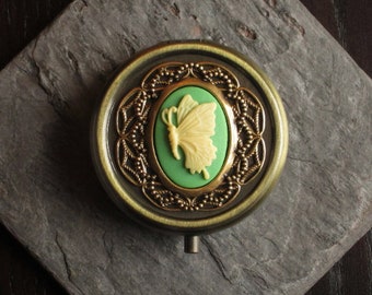 Butterfly pill box, antique brass cameo pill box, bronze container, bridesmaid gift, holiday gift ideas, unique Christmas gift, gift for her