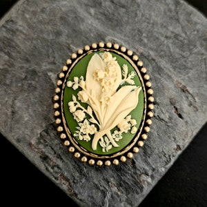 Lily of the valley cameo brooch, green flower brooch, cameo jewelry, Irish brooch, holiday gift ideas, gift ideas for mom