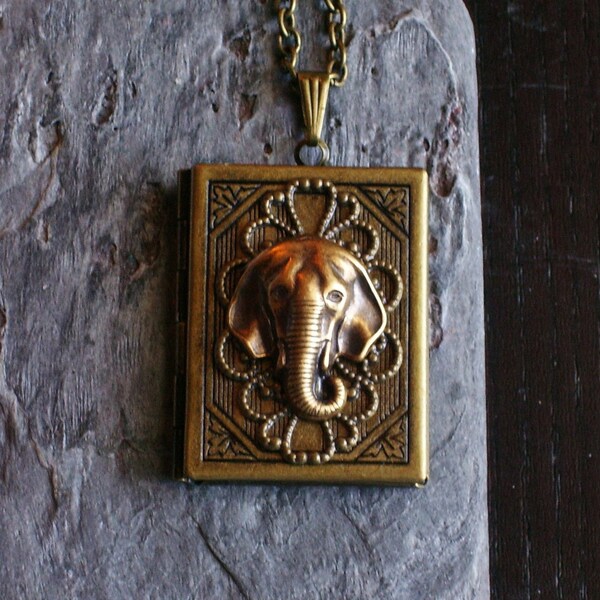 Elephant book locket, elephant necklace, antique brass locket, animal locket, long necklace, holiday gift ideas, unique Christmas gift