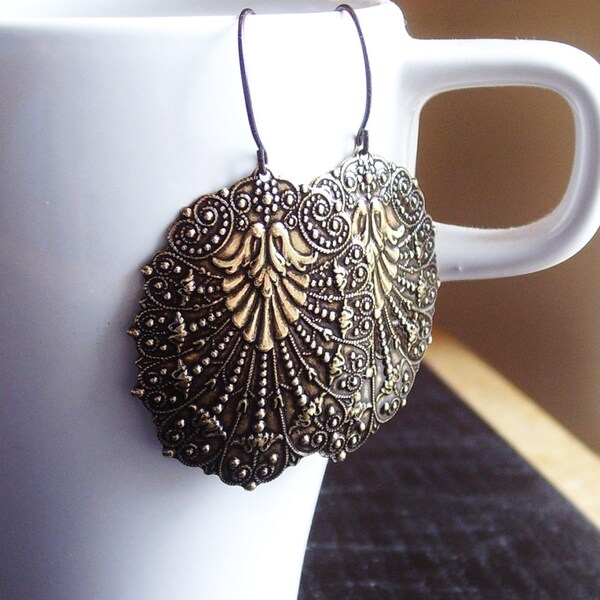 Antique brass statement earrings, brass shield earrings, dark brass earrings, holiday gift ideas, unique Christmas gift