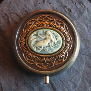 Mermaid pill box container, antique brass pill box, mermaid cameo pill box, bridesmaid gift, holiday gift ideas, unique Christmas gift