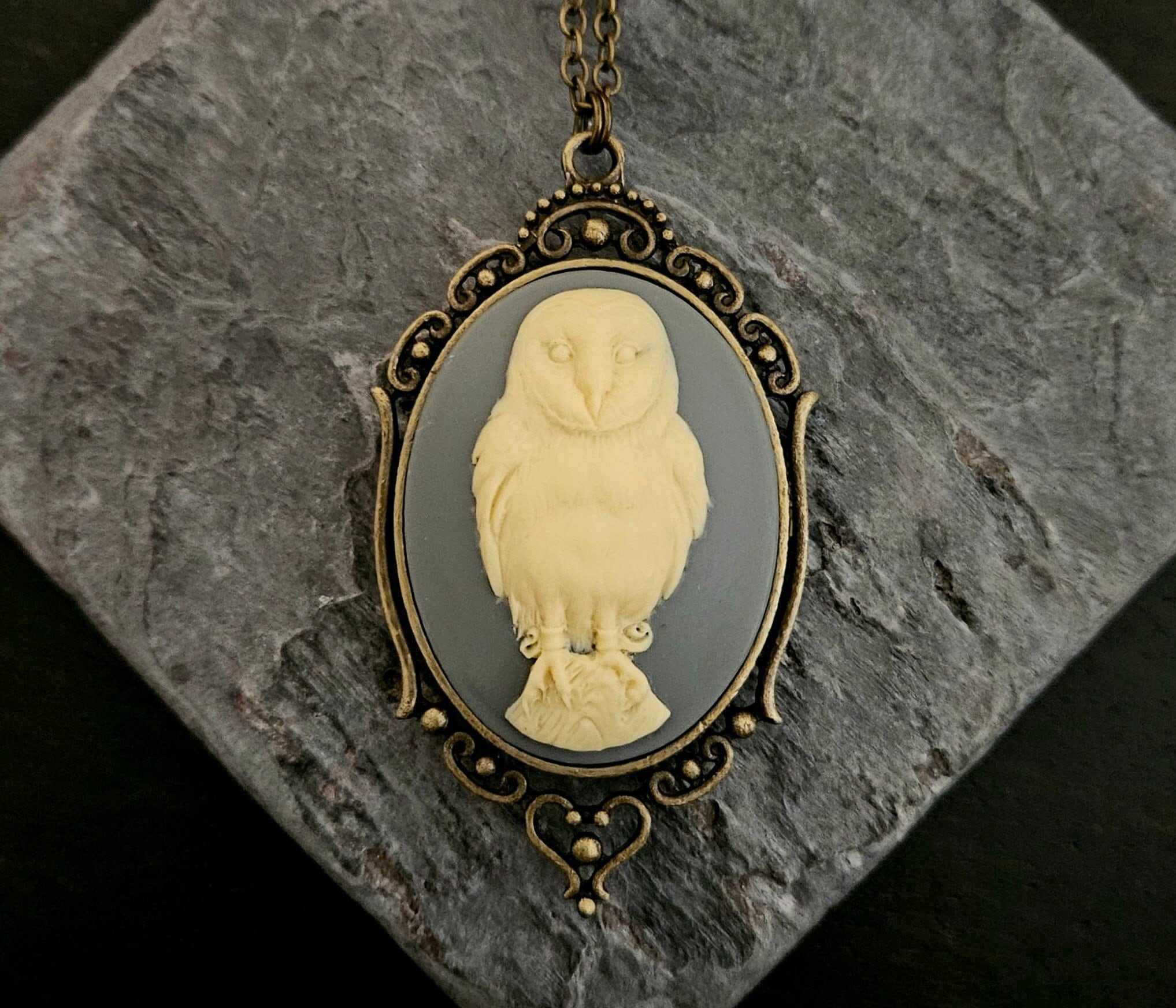 Owl Cameo Necklace: Grey Antiqued Brass, Long Resin Pendant