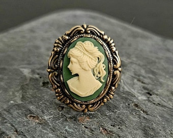Green Cameo Ring, Antique Brass, Adjustable Band