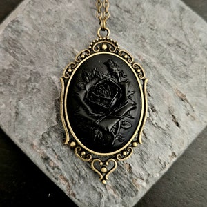 Black rose cameo necklace, mourning rose necklace, gothic necklace, long cameo necklace, cameo jewelry, holiday gift ideas