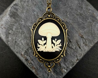 Mushroom Cameo Necklace, Antiqued Brass, Resin Pendant