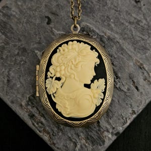 Grecian black cameo locket, large locket, long necklace, antique brass locket, cameo jewelry, holiday gift ideas, gift ideas for mom