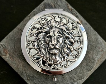 Miroir compact lion, compact argenté, miroir compact lion, cadeau lion, miroir animal, cadeau de demoiselle d'honneur, cadeau de Noël unique, idées cadeaux pour elle