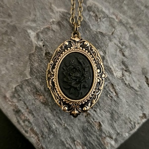 Black rose cameo locket, flower cameo, gothic locket, cameo jewelry, mourning locket, gift ideas for mom, unique Christmas gift, mothers day