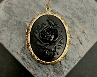 Mourning Cameo Locket, Black Rose, Gothic Necklace