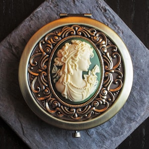 Irish compact mirror, Victorian cameo compact mirror, antique brass compact mirror, bronze mirror, gift idea for mom, unique Christmas gift