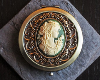 Irish compact mirror, Victorian cameo compact mirror, antique brass compact mirror, bronze mirror, gift idea for mom, unique Christmas gift