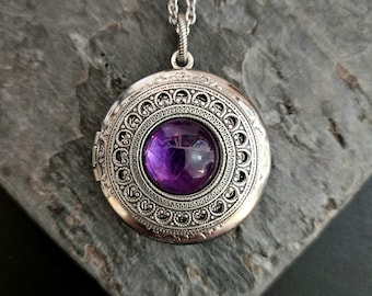 Amethyst locket, gemstone locket, amethyst jewelry, silver locket, purple stone locket, long necklace, gift ideas for her, unique gift