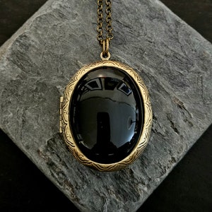 Onyx locket, oval gemstone locket, large locket necklace, black locket, antique brass locket, long necklace, holiday gift ideas