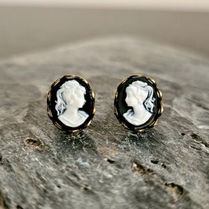 Black cameo stud earrings, tiny cameo posts, classic cameo studs, cameo jewelry, Jane Austen, gift ideas for her, unique holiday gift