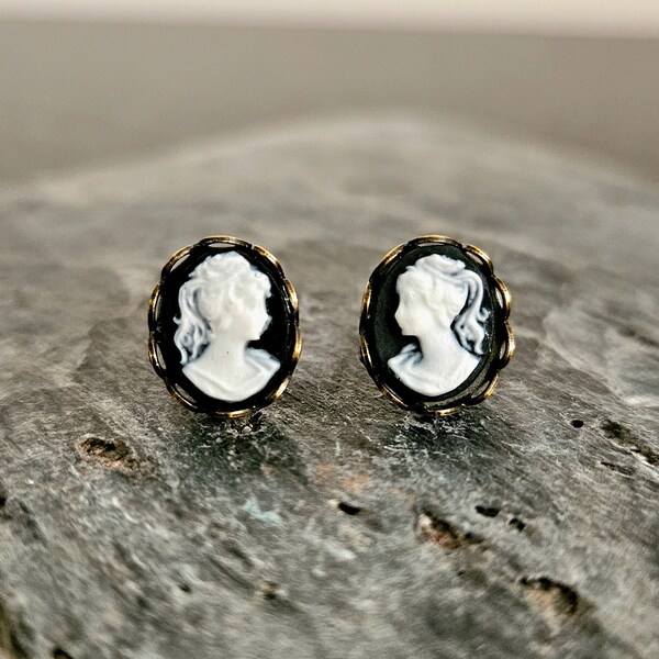 Black cameo stud earrings, tiny cameo posts, classic cameo studs, cameo jewelry, Jane Austen, gift ideas for her, unique holiday gift