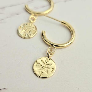 Compass huggie earrings, gold brass earrings, huggie hoop earrings, compass rose earrings, everyday earrings, unique holiday gift idea