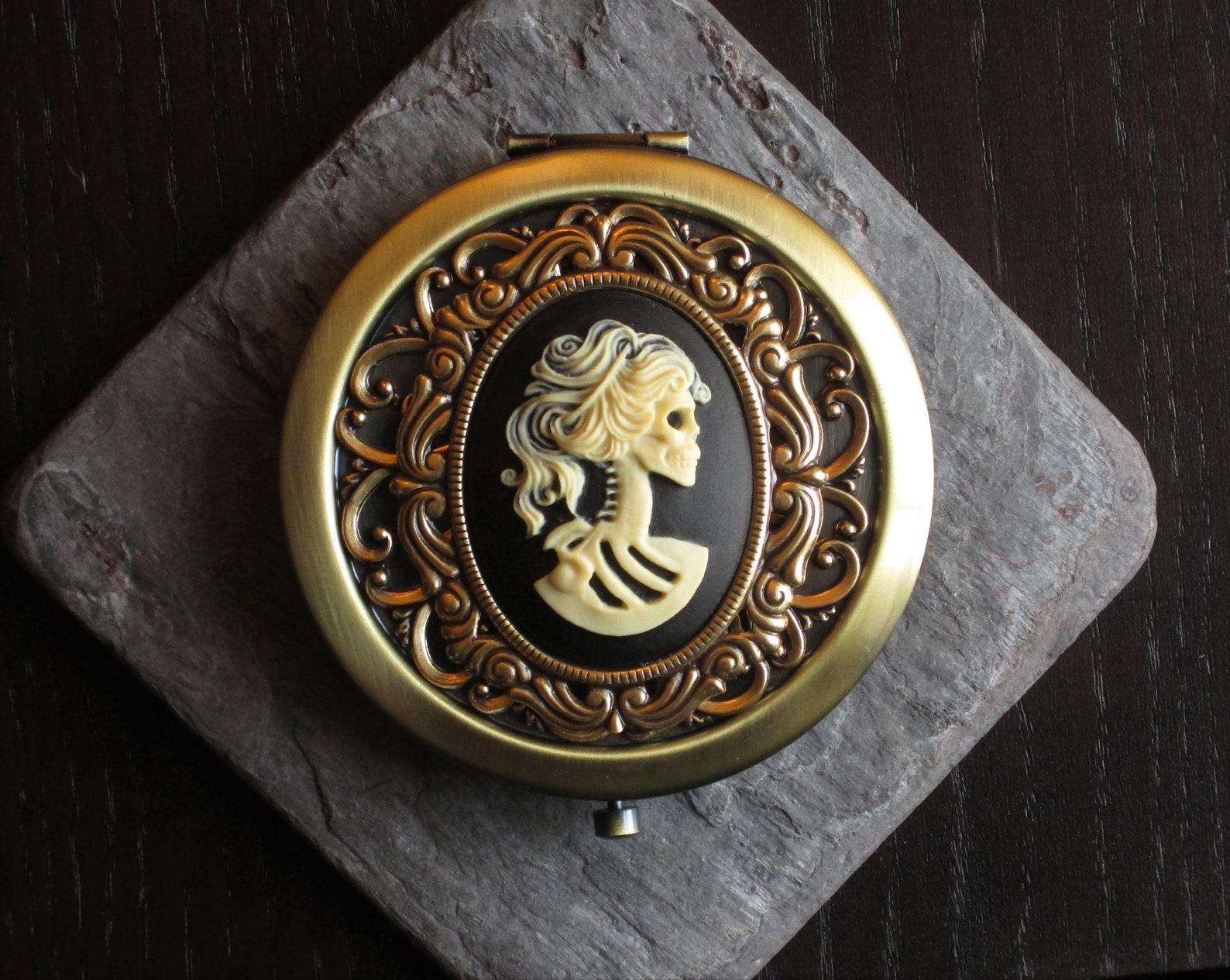 Skeleton Cameo Pill Box Antique Brass Pill Box Halloween Etsy
