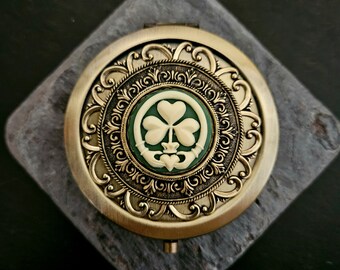 Irish clover compact mirror, irish claddagh mirror, green cameo compact, bronze compact, bridesmaid gift, holiday gift ideas, unique gift