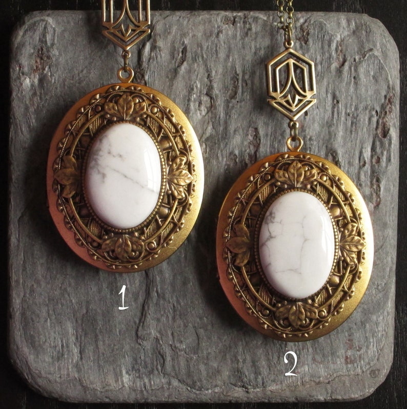 oval gemstone locket holiday gift idea art deco locket Art deco howlite locket long necklace howlite jewelry large locket necklace
