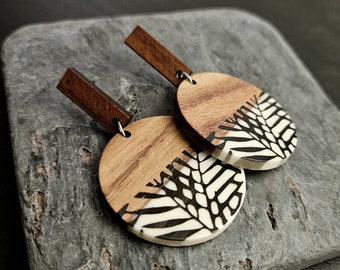 Wood drop earrings, statement earrings, round wood earrings, stud earrings, resin earrings, unique holiday gift idea