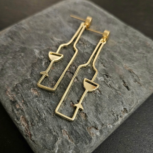 Wine bottle earrings, wine lover gift, gold brass earrings, cocktail earrings, long earrings, statement earrings, new years eve idea