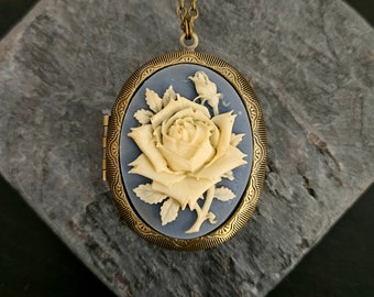 Rose cameo locket, blue rose cameo necklace, blue cameo, large locket, long necklace, rose jewelry, cameo jewelry, gift ideas for mom