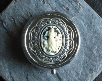 Angel cameo pill box container, silver pill box, catholic gift, bridesmaid gift, holiday gift ideas, gifts for mom, unique christmas gift