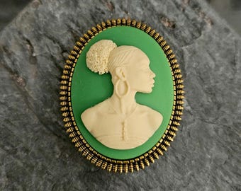 African Woman Cameo Brooch, Antiqued Gold, Kwanzaa Gift