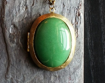 Green aventurine locket, gemstone locket necklace, antique brass locket, large locket, long necklace, holiday gift ideas, unique gift