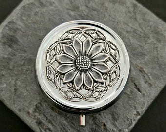 Silber Sonnenblume Pillendose, Geschenk für sie