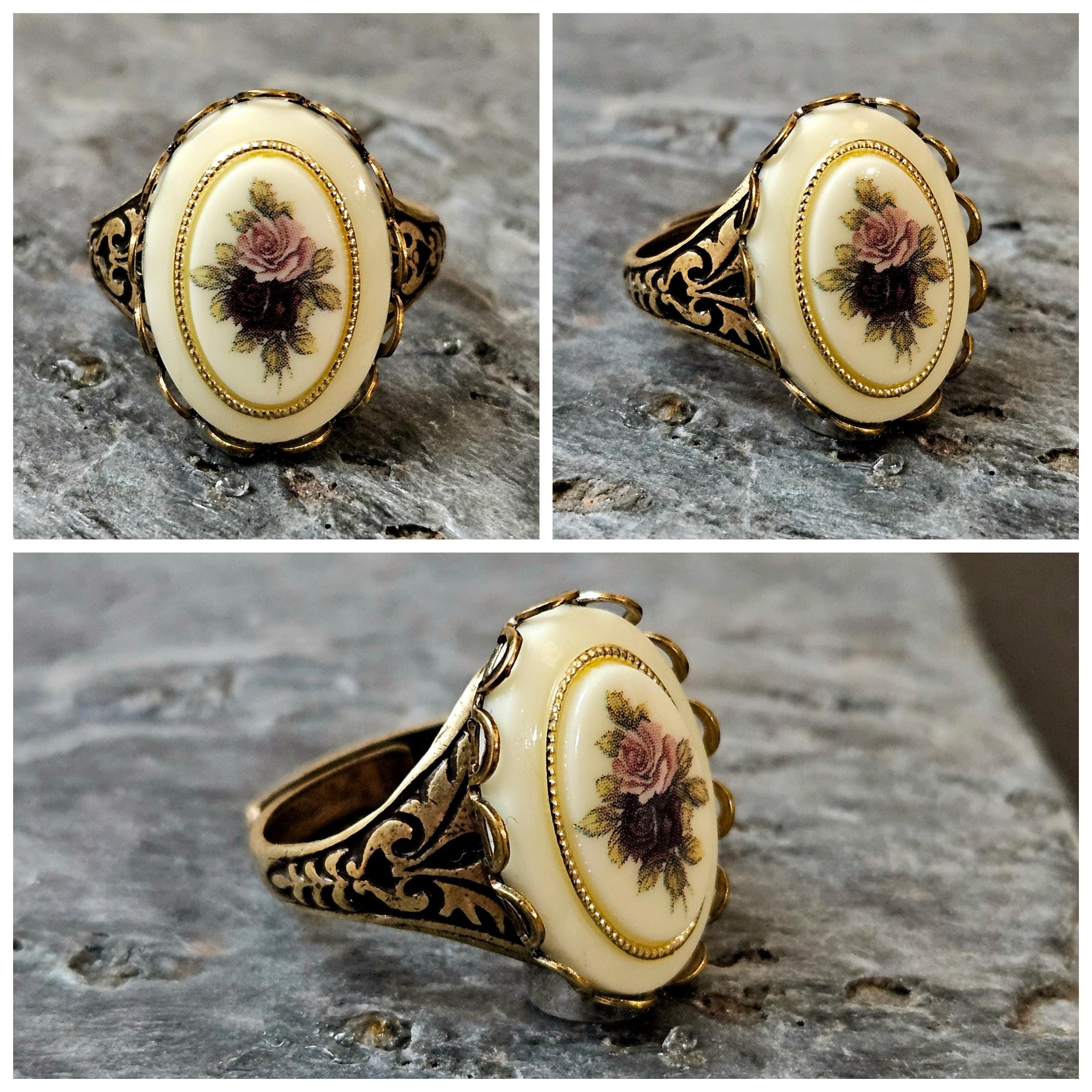 Cameo Ring, Flower Cameo Ring, Antique Brass Ring, Jane Austen