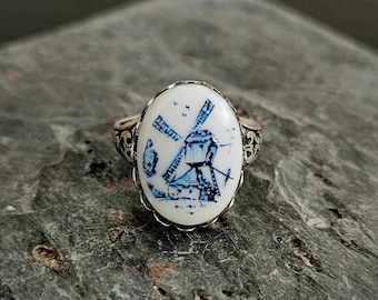 Blue delft ring, windmill ring, porcelain ring, cameo ring, antique silver ring, Dutch ring, holiday gift ideas, unique Christmas gift