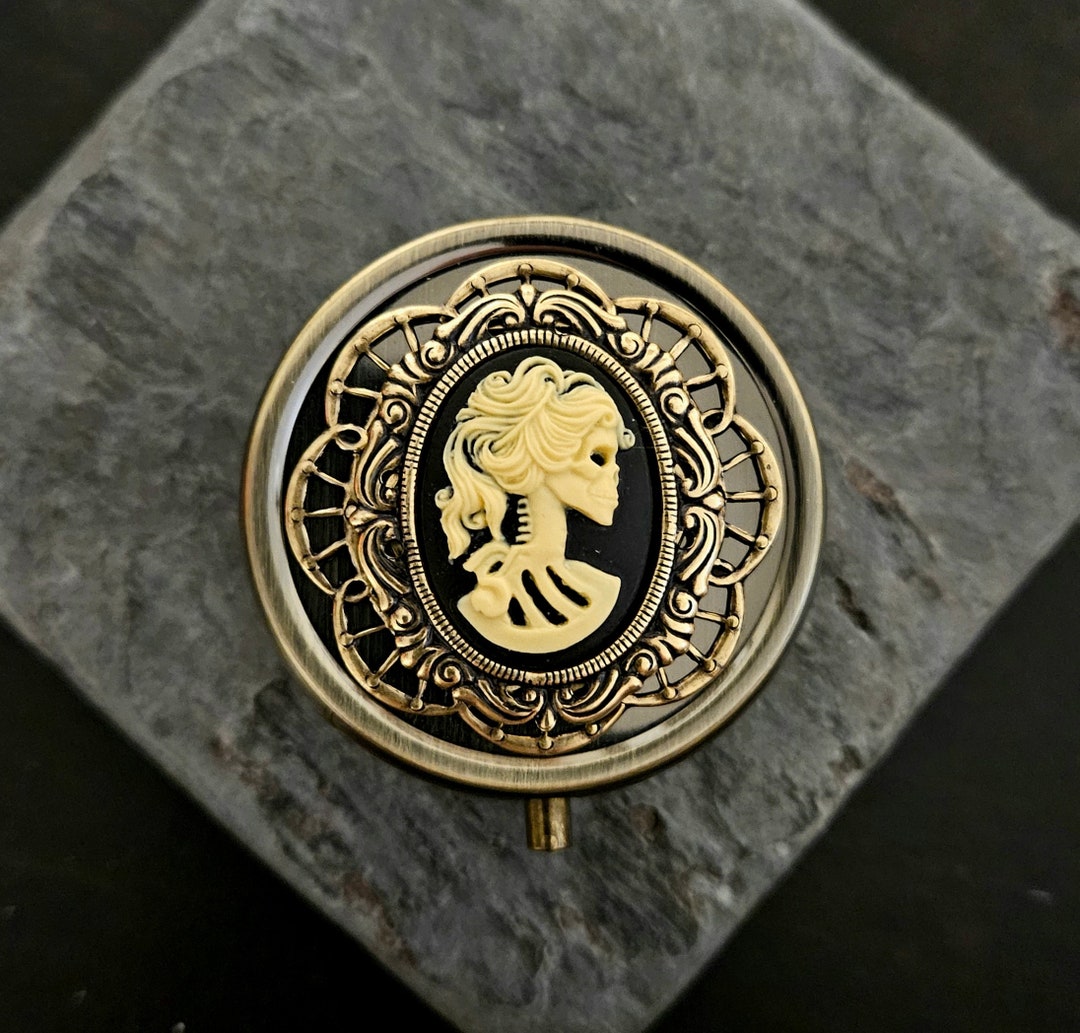 Skeleton Cameo Pill Box, Antique Brass Pill Box, Halloween Pill Box
