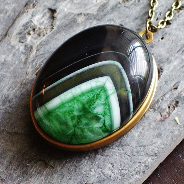 Striped chevron druzy agate gemstone pendant locket necklace one of a kind