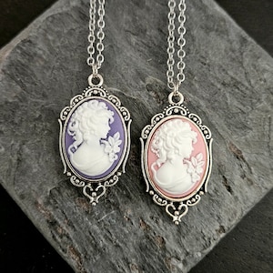 Cameo necklace, small cameo necklace, pink cameo necklace, purple cameo necklace, silver cameo necklace, cameo jewelry, holiday gift ideas